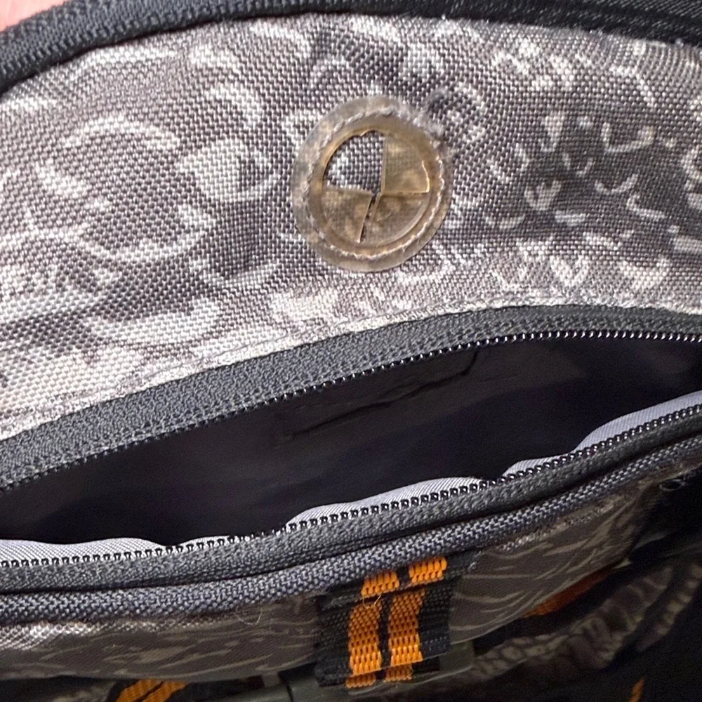 Pottery Barn Kids Grey & Orange SnakeSkin Pattern with John Embroidered Backpack